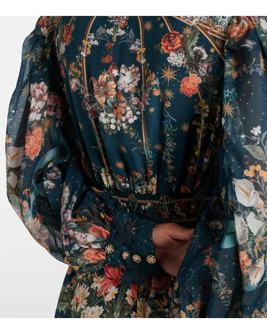 Vestido corto de crepe de seda floral Camilla de color Blue