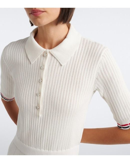 Thom Browne White Ribbed-Knit Pointelle Cotton Polo Dress