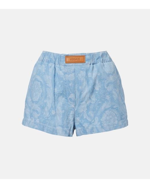 Versace Blue Barocco Denim Chambray Shorts