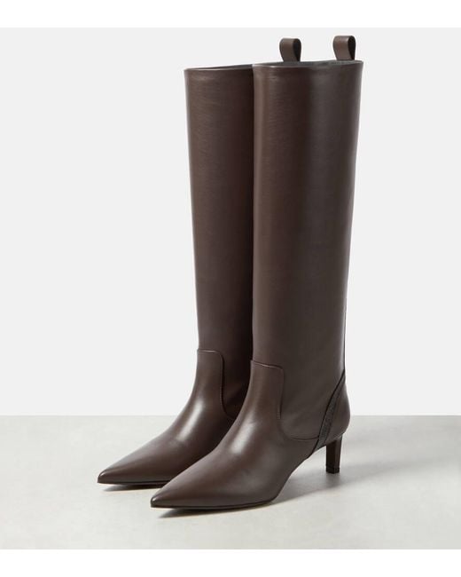 Brunello Cucinelli Brown Embellished Leather Knee-High Boots