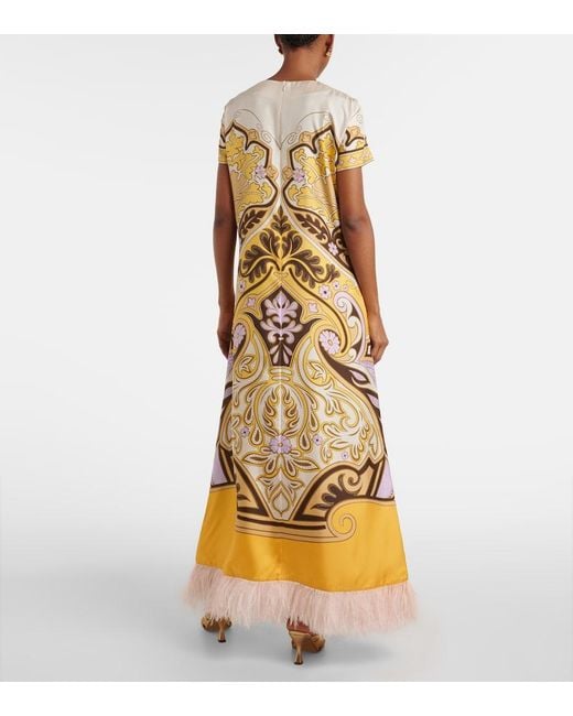 LaDoubleJ Metallic Printed Feather-Trimmed Silk Maxi Dress
