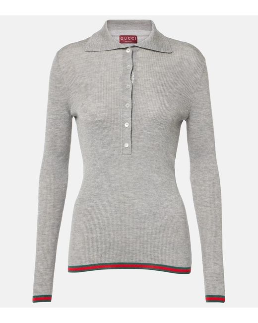 Gucci Gray Polopullover Web Stripe Aus Kaschmir Und Seide