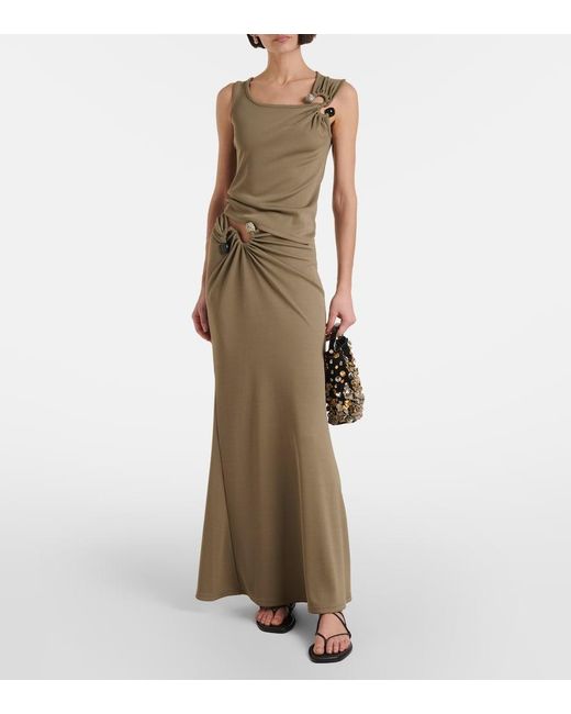 Christopher Esber Green Embellished Ruched Jersey Maxi Skirt