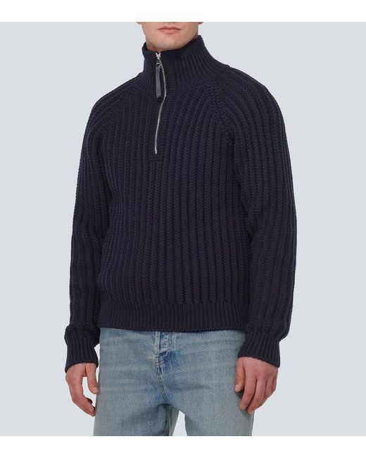 Loewe Blue Ribbed-knit Wool Half-zip Sweater for men