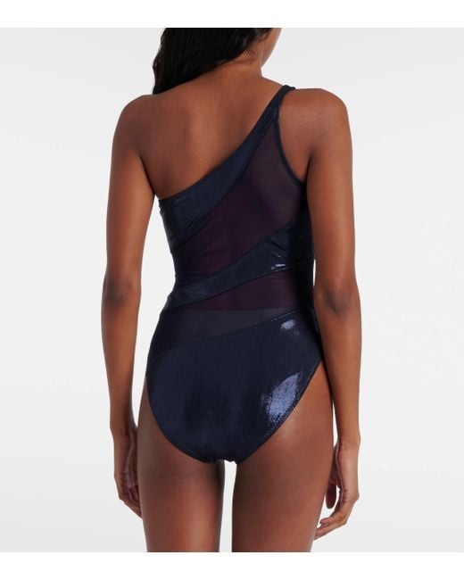Norma Kamali Blue Snake Paneled One-shoulder Swimsuit