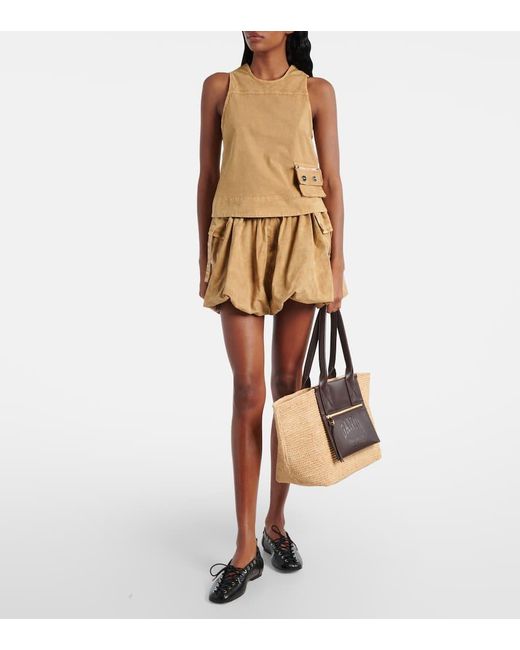 Ganni Brown Faux Leather-Trimmed Raffia Tote Bag