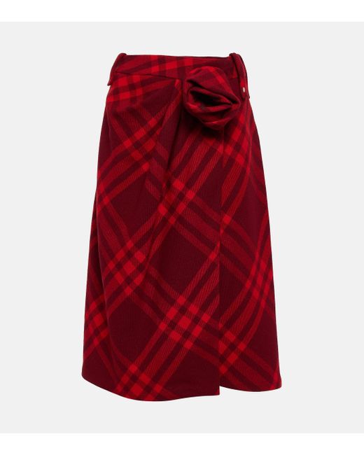 Burberry Red Check Wool Midi Skirt