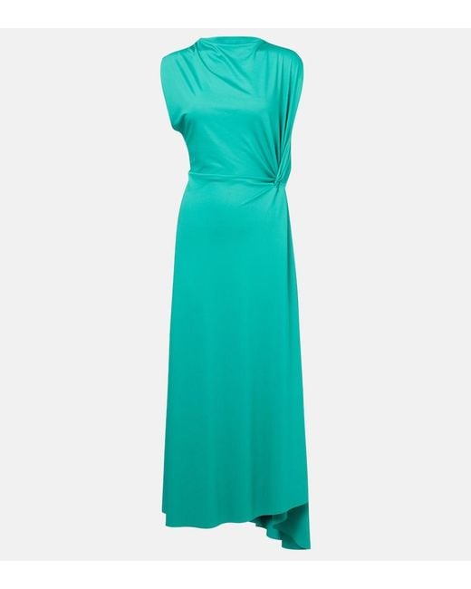 Victoria Beckham Green Asymmetric Gathered Jersey Midi Dress