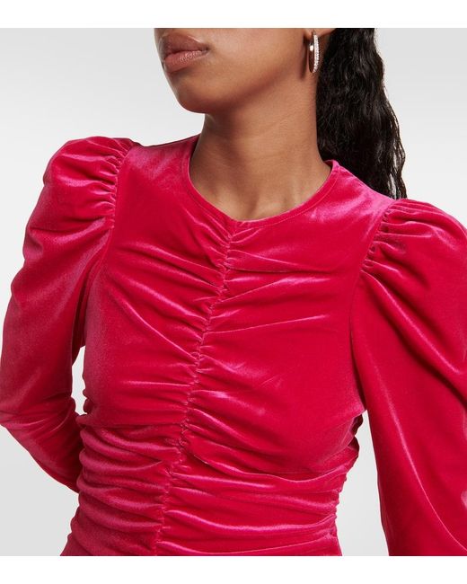 Vestido largo de terciopelo fruncido Ganni de color Pink