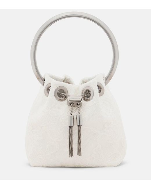 Jimmy Choo Bon Bon Micro Lace Bucket Bag in White | Lyst