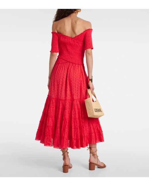Poupette Red Soledad Off-shoulder Cotton Midi Dress