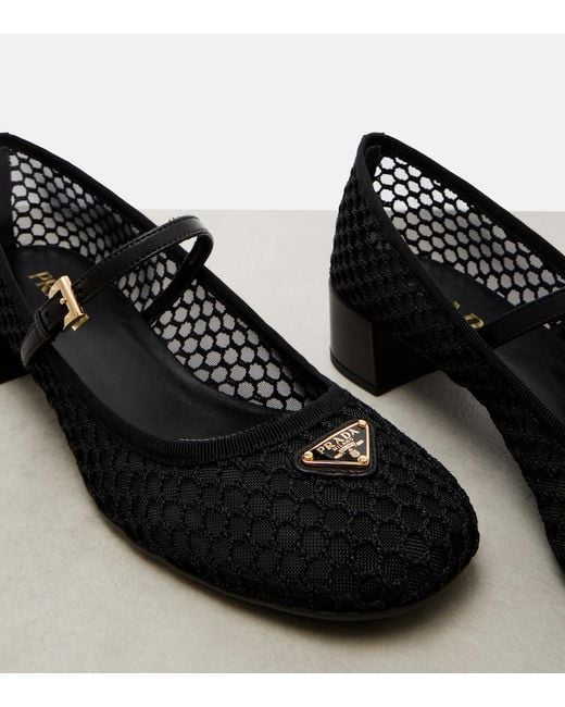 Prada Leather-Trimmed Mesh Mary Jane Pumps in Black | Lyst