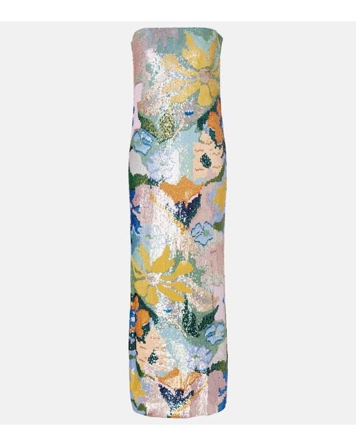 La Fuori Multicolor Floral Sequined Strapless Gown