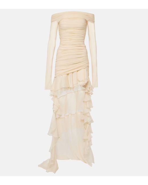 Blumarine Natural Asymmetric Ruffled Chiffon Dress