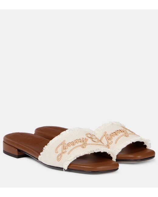 Jimmy Choo Joa Embroidered Canvas Slides in Brown | Lyst