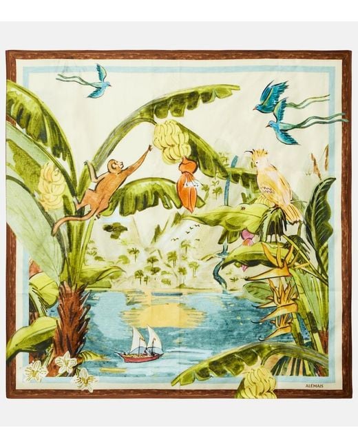 ALÉMAIS Green Printed Silk Satin Scarf