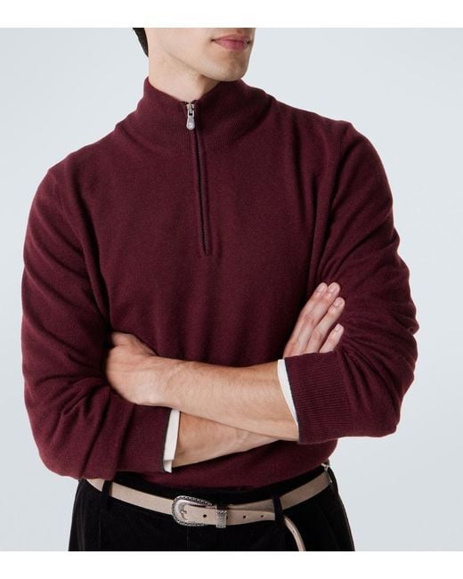 Brunello Cucinelli Red Cashmere Half-Zip Sweater for men