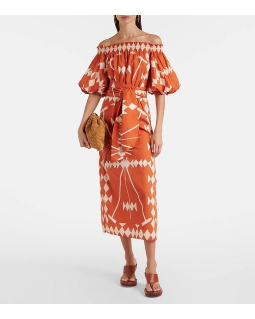 Johanna Ortiz Orange Bedrucktes Midikleid Aus Baumwollpopeline