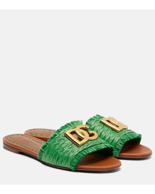 Dolce & Gabbana Green Dg Fringed Raffia-Effect Slides