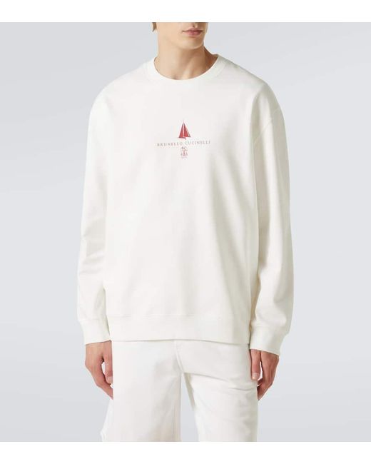 Sudadera En Mezcla De Algodon Con Logo Brunello Cucinelli de hombre de color White