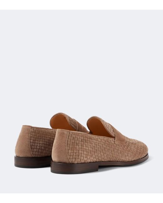 Brunello Cucinelli Brown Woven Suede Penny Loafers for men