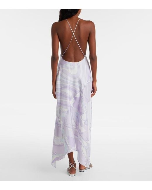 Emilio Pucci Purple Marmo Asymmetric Silk Twill Maxi Dress