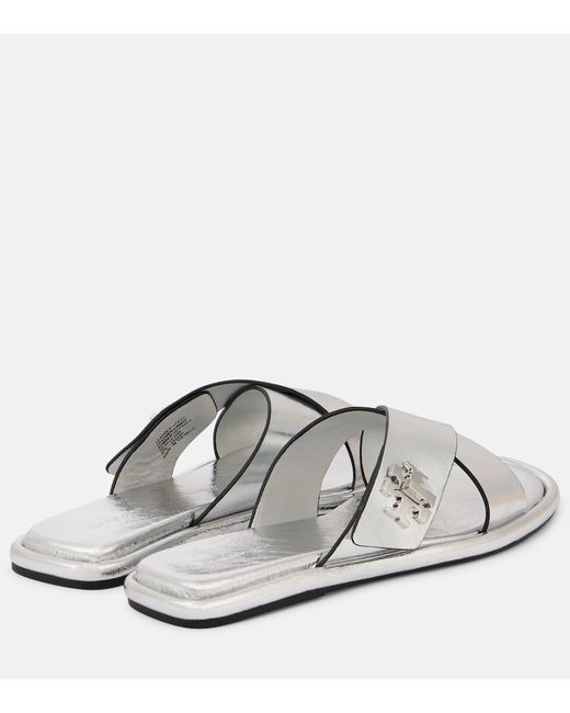 Tory Burch White Pantoletten T Lock Aus Metallic-Leder