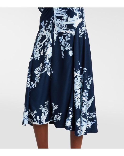 Erdem Blue Gathered Floral Print Jersey Midi Dress
