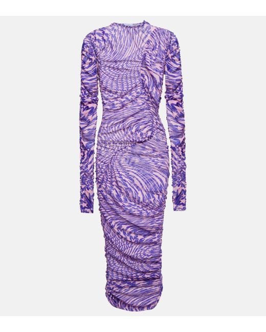 Mugler Purple Ruched Mesh Midi Dress