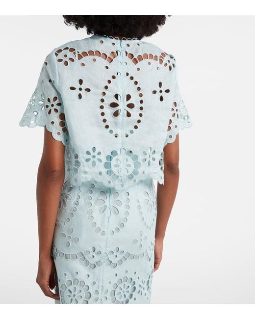 Zimmermann Blue Awaken Embroidered Linen Crop Top