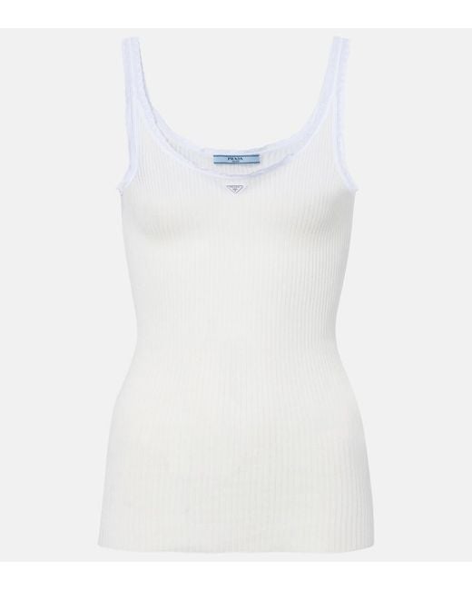 Prada White Lace-Trimmed Ribbed-Knit Cotton Tank Top