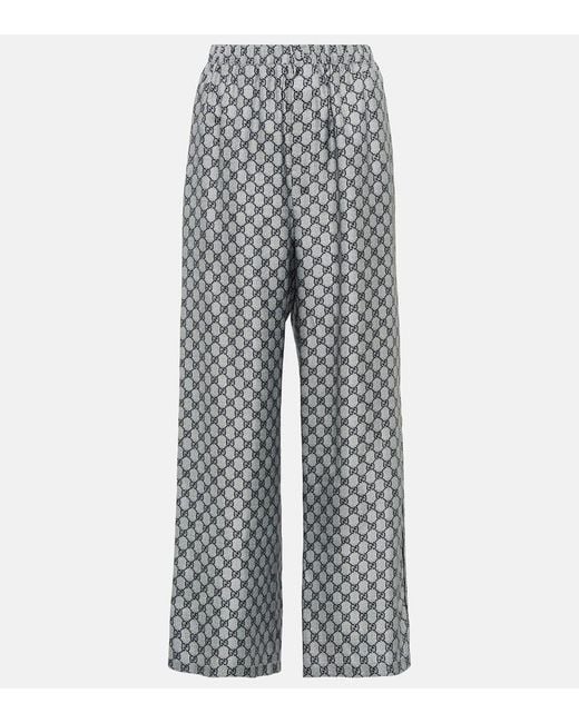 Pantalones anchos de sarga de seda con GG Gucci de color Gray