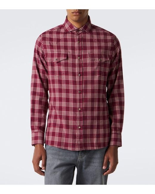 Brunello Cucinelli Red Checked Cotton-Blend Flannel Shirt for men