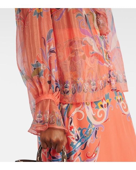 Etro Pink Printed Ruffled Silk Blouse