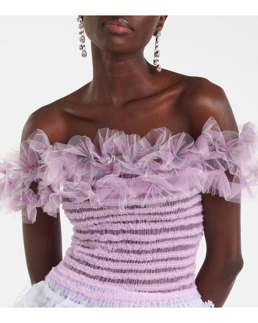 SUSAN FANG Pink Shirred Off-Shoulder Tulle Top