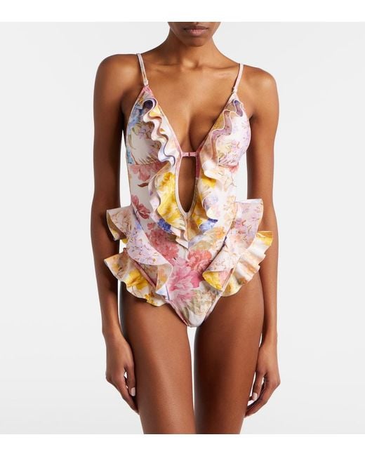 Zimmermann Pink Como Floral Ruffled Swimsuit