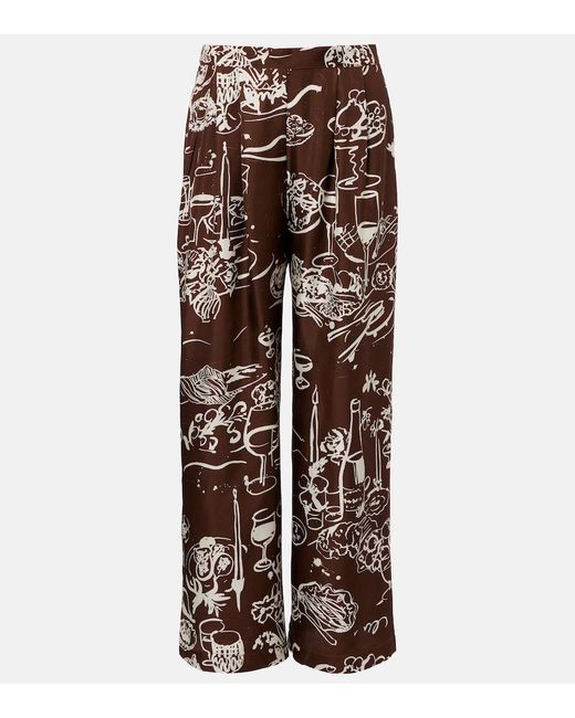 Asceno Brown Isola Printed Silk Twill Wide-Leg Pants
