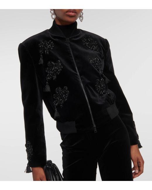 Max Mara Black Musette Embroidered Velvet Bomber Jacket