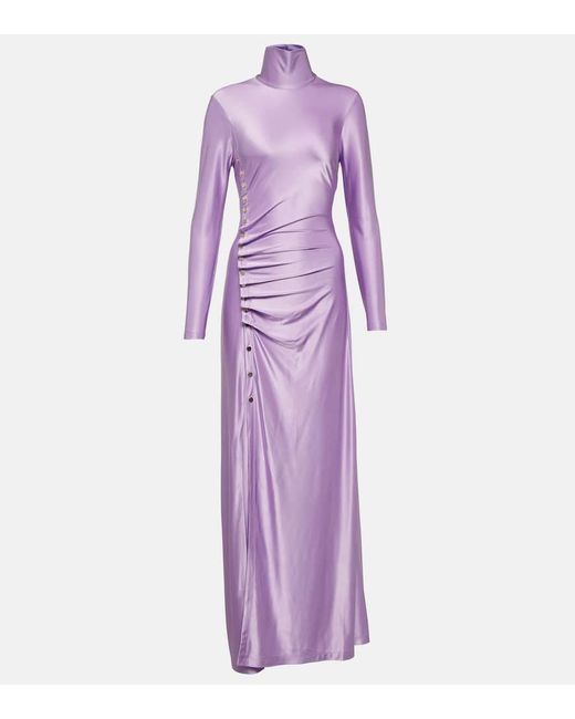 Rabanne Purple Gathered Mockneck Satin Gown