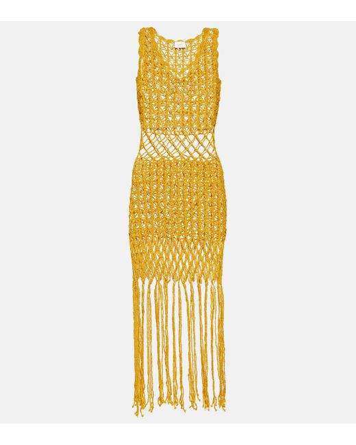 Anna Kosturova Metallic Fringed Crochet Midi Dress