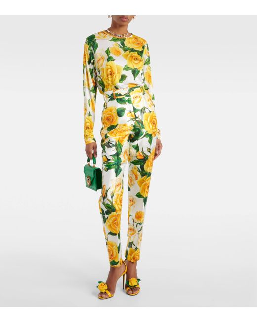Dolce & Gabbana Yellow Floral High-rise Silk-blend Straight Pants