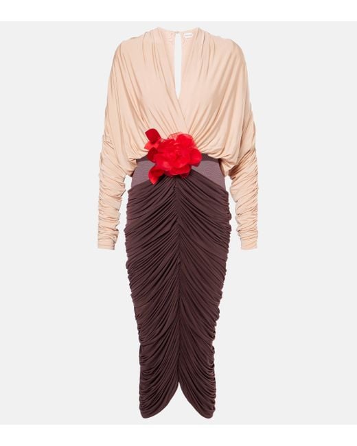 Magda Butrym Red Floral-Applique Ruched Midi Dress