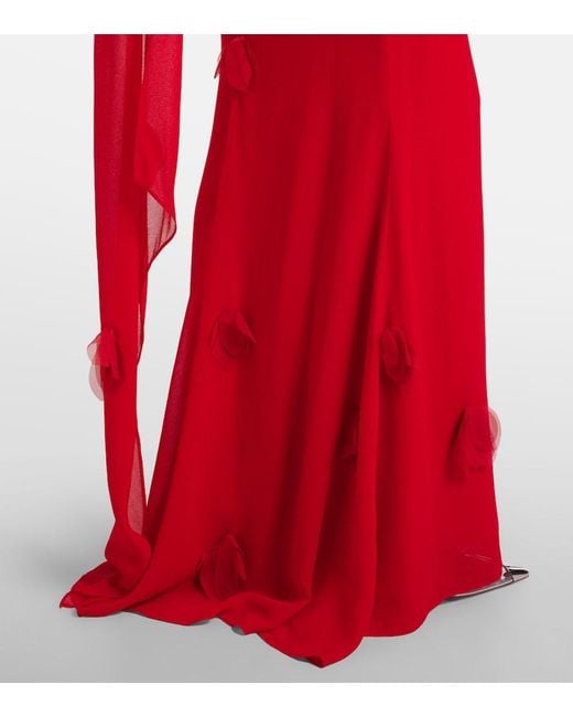 Self-Portrait Red Floral-Applique Scarf-Detail Gown
