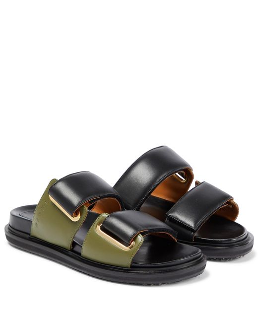 Marni Fussbett Flat Leather Sandals in Black/Dark Olive (Black) | Lyst