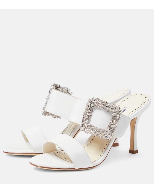 Manolo Blahnik White Gable Jewel Crepe De Chine Mules
