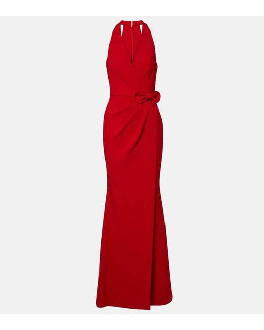 Elie Saab Red Bow-Detail Halterneck Silk-Blend Cady Gown