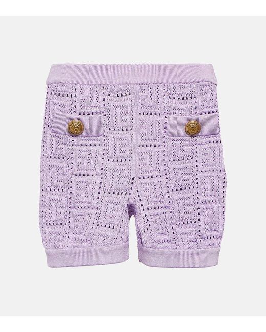 Balmain Purple Ladies Openwork Knit Monogrammed Shorts, Brand Size 34 (Us