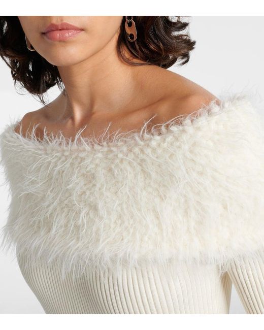 Jean Paul Gaultier White Ribbed-Knit Faux Fur-Trimmed Maxi Dress
