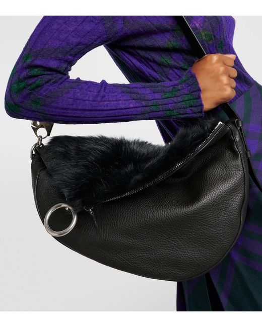 Burberry Black Knight Medium Leather And Shearling Shoulder Bag