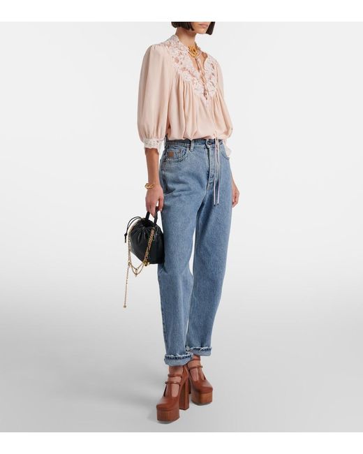 Chloé Natural Lace-Trimmed Silk Crepe De Chine Blouse